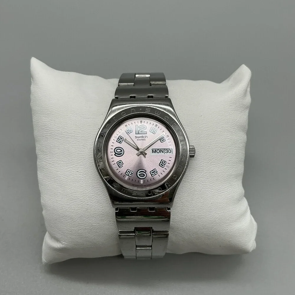 Swatch Irony Medium Ciel Clair Violet Womens Watch 33mm Steel New Battery 8.25